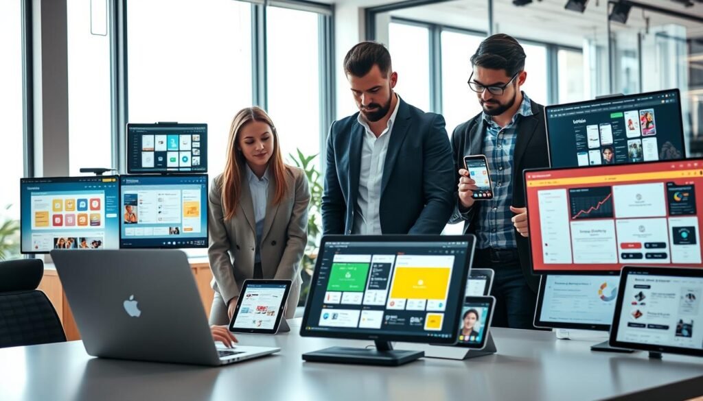A bright and modern workspace showcasing various no-code and low-code app builders in action. In the foreground, a diverse group of three professionals, a woman in business attire and two men in smart casual clothing, are collaborating on a laptop, displaying user-friendly app design interfaces. In the middle, multiple screens and tablets illustrate different app builder platforms with various colorful templates and drag-and-drop features. The background features a sleek office environment with large windows letting in natural light, giving a sense of openness and creativity. Soft, diffused lighting creates a warm and inviting atmosphere, emphasizing teamwork and innovation. The angle captures both the focused expressions of the professionals and the dynamic digital tools they are using.