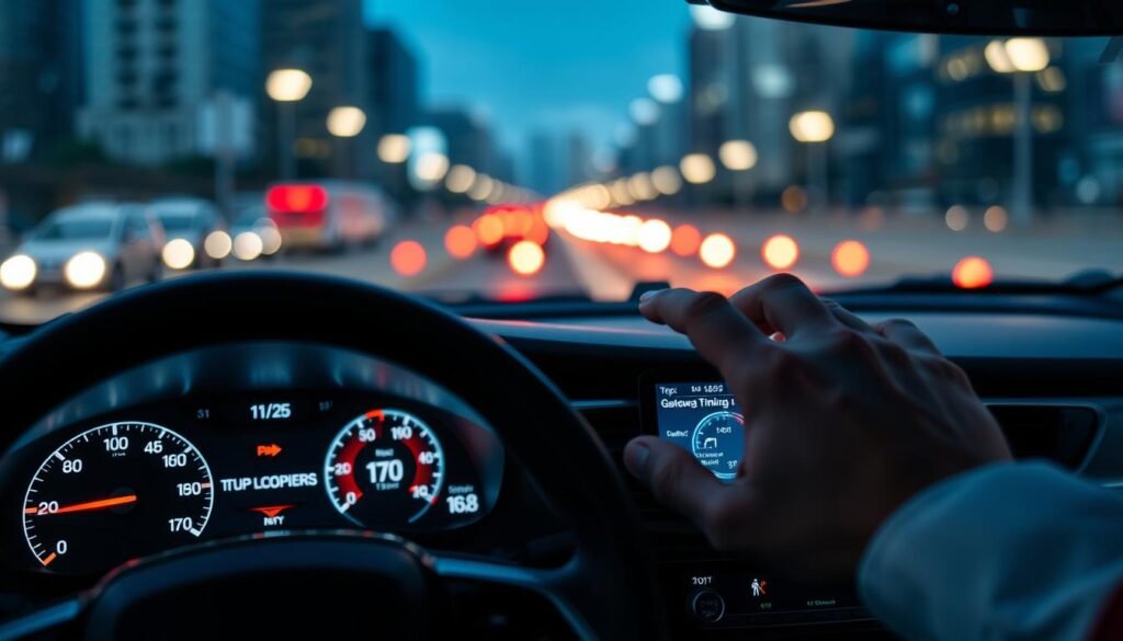 A close-up view of a digital display showing gateway message timing metrics, set in a modern vehicle's cockpit. The foreground features a sleek dashboard with illuminated instruments, displaying numerical values related to CAN Bus timing. In the middle ground, a pair of hands, clad in professional attire, interact with a touchscreen interface, highlighting the focus on monitoring data. The background shows a blurred view of city lights outside the vehicle window, creating a dynamic atmosphere. The lighting is dim but highlights the screen's bright colors, casting an analytical glow. The lens captures a slight depth of field, emphasizing the tactile engagement with technology while maintaining a professional and serious mood.