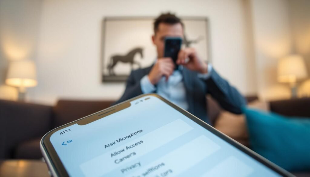 A close-up view of a sleek smartphone in the foreground, displaying a digital interface with security settings related to camera and microphone permissions. The phone should appear modern, with a touch screen highlighting options like "Allow Access" and "Privacy Settings." In the middle background, a blurred figure, dressed in professional business attire, is seen adjusting the phone, symbolizing cautious use of technology. The background features a softly lit room, invoking a sense of privacy and security, with warm lighting to create an inviting atmosphere. The overall mood reflects vigilance and awareness about personal safety, highlighting the importance of controlling one's digital access.