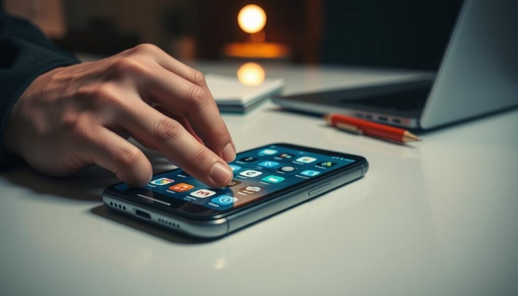 A close-up view of a smartphone lying on a sleek, modern desk. The phone's screen displays a cluttered digital storage interface filled with various app icons and file folders, some with warning symbols indicating potential anomalies. In the foreground, a pair of hands, dressed in professional business attire, are shown cautiously tapping on the screen. The middle ground features a soft blur of office items, like a laptop and a notepad, suggesting a workspace atmosphere. The background is slightly dimmed, adding a sense of mystery and tension, illuminated by a warm, focused light that highlights the phone's screen. The overall mood conveys a feeling of vigilance and awareness, emphasizing the theme of digital security and surveillance.