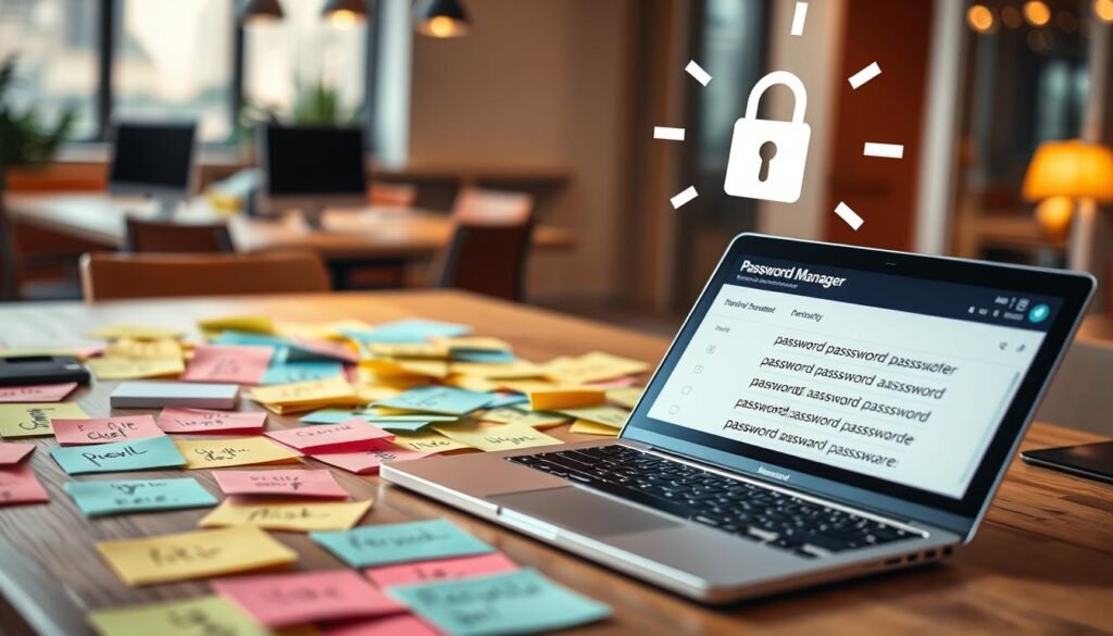 A close-up view of a wooden desk cluttered with a variety of colorful sticky notes, each displaying diverse alphanumeric passwords in a stylish, handwritten font. In the foreground, a sleek laptop with an illuminated screen showing a password manager interface, emphasizing security. The middle ground features a secure digital lock icon hovering above the desk, symbolizing protection and strength. In the background, a soft-focus modern office environment with warm, inviting lighting, hinting at a safe workspace. The atmosphere is one of diligence and professionalism, encouraging a sense of security and preparedness against hacking threats, with a cool color palette to evoke calmness. The image is designed to be engaging yet informative, suitable for readers seeking straightforward countermeasures against hacking. A close-up view of a wooden desk cluttered with a variety of colorful sticky notes, each displaying diverse alphanumeric passwords in a stylish, handwritten font. In the foreground, a sleek laptop with an illuminated screen showing a password manager interface, emphasizing security. The middle ground features a secure digital lock icon hovering above the desk, symbolizing protection and strength. In the background, a soft-focus modern office environment with warm, inviting lighting, hinting at a safe workspace. The atmosphere is one of diligence and professionalism, encouraging a sense of security and preparedness against hacking threats, with a cool color palette to evoke calmness. The image is designed to be engaging yet informative, suitable for readers seeking straightforward countermeasures against hacking.