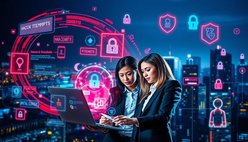 A collage depicting various case studies in cybersecurity, showcasing modern cybersecurity incidents that shaped the field. In the foreground, a diverse group of three professional individuals, wearing business attire, are engaged in a discussion while analyzing data on a laptop. In the middle ground, digital graphics representing hacking attempts, firewalls, and security breaches swirl around, using vivid colors of red and blue to symbolize danger and safety. The background features an abstract representation of a city skyline at night, illuminated by glowing data streams and security icons. The lighting is focused on the group, casting soft shadows to create a serious yet dynamic atmosphere, enhancing the importance of the subject matter in contemporary cybersecurity discussions.