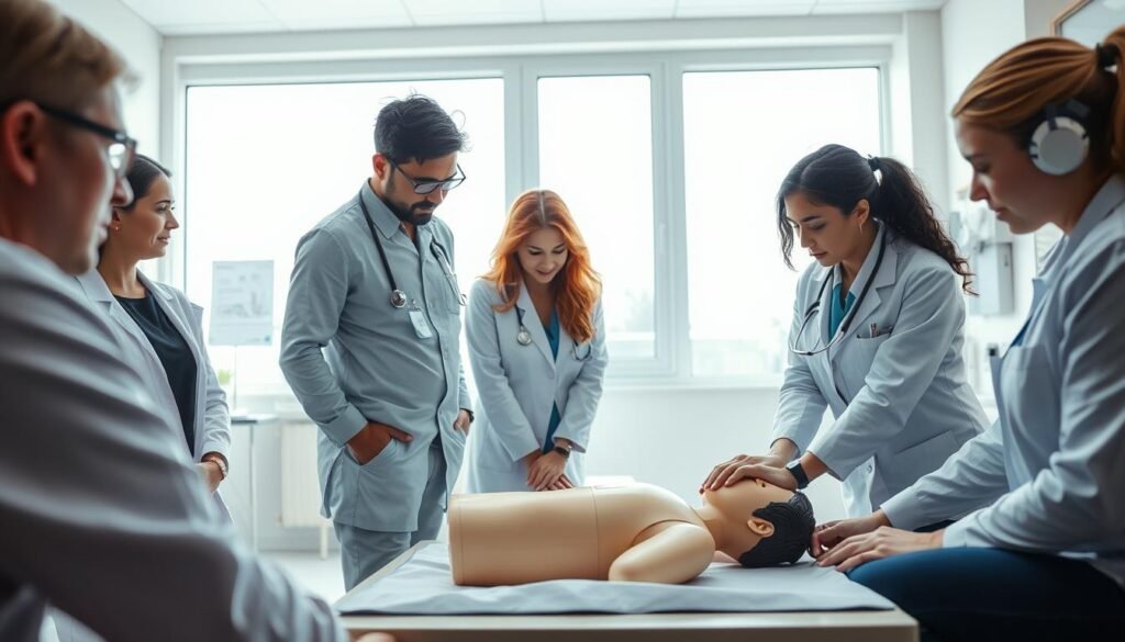 A compassionate scene depicting a CPR training session in a well-lit hospital environment, showcasing medical professionals in professional attire. In the foreground, a diverse group of adults, including a male doctor and a female nurse, are engaging in hands-on CPR practice on a realistic training dummy, clearly demonstrating teamwork and collaboration. In the middle ground, a large window allows natural light to flood the room, enhancing the atmosphere of hope and life-saving effort. In the background, medical charts and equipment are visible, emphasizing the clinical setting. The overall mood is serious yet hopeful, illustrating the importance of CPR training in healthcare decisions and patient outcomes. The image is framed from a slightly elevated angle to capture both the trainers' focus and the commitment to life-saving practices.