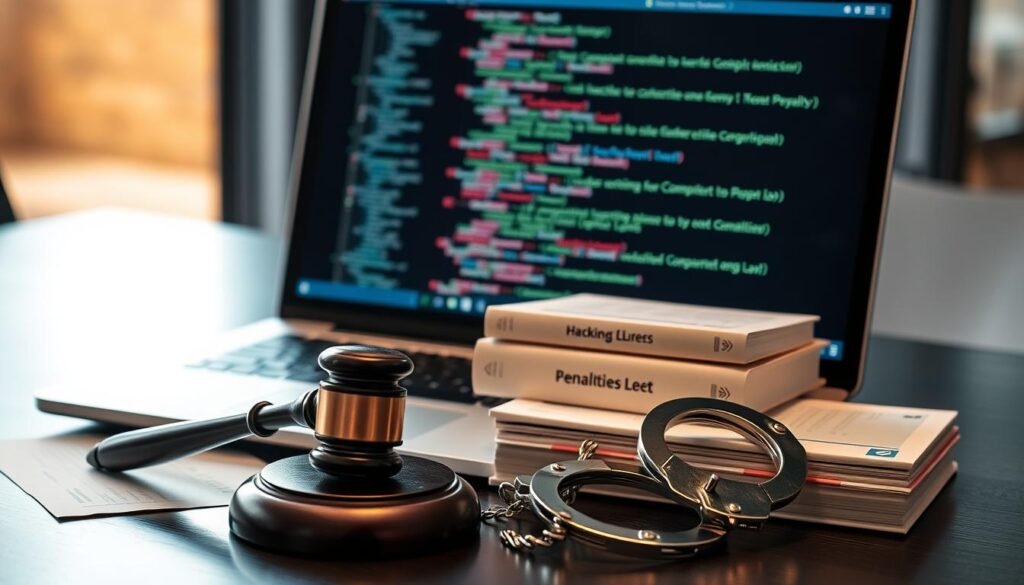 A detailed and focused scene of a computer desk, with a sleek laptop displaying code and security alerts. In the foreground, a gavel rests next to legal documents symbolizing penalties, while handcuffs lay partially open to imply consequences. In the middle, a stack of law books related to cybercrime and computer hacking are neatly arranged, suggesting seriousness and legal implications. The background is softly blurred, showcasing a modern office environment with dim lighting for a somber mood, highlighting the weight of the subject. Use a shallow depth of field to keep the focus on the laptop and legal items. The scene should convey a sense of caution and the serious nature of hacking under law, without any human figures present. A detailed and focused scene of a computer desk, with a sleek laptop displaying code and security alerts. In the foreground, a gavel rests next to legal documents symbolizing penalties, while handcuffs lay partially open to imply consequences. In the middle, a stack of law books related to cybercrime and computer hacking are neatly arranged, suggesting seriousness and legal implications. The background is softly blurred, showcasing a modern office environment with dim lighting for a somber mood, highlighting the weight of the subject. Use a shallow depth of field to keep the focus on the laptop and legal items. The scene should convey a sense of caution and the serious nature of hacking under law, without any human figures present.