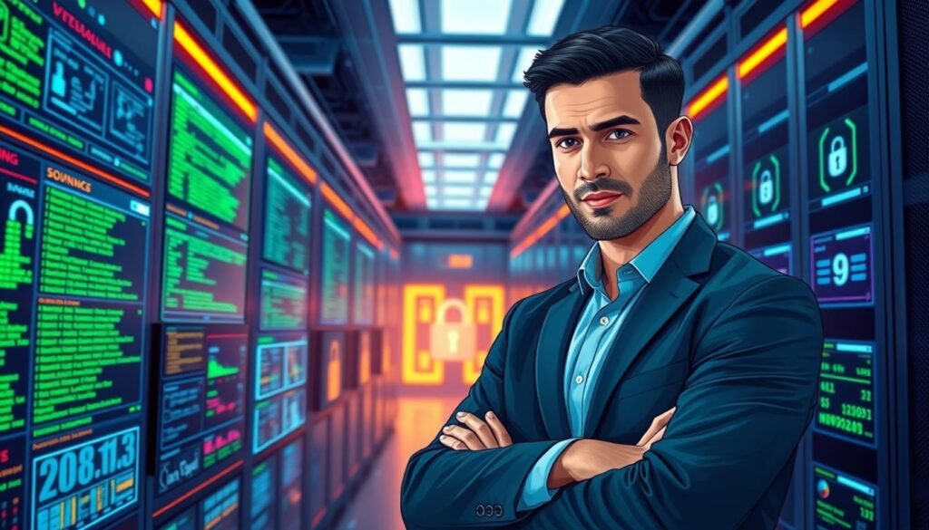A detailed illustration depicting a high-tech network security environment showcasing secure configuration practices. In the foreground, a confident IT professional in business attire examines a digital screen filled with green codes and security configurations, symbolizing vulnerability assessments. The middle ground features various digital interfaces and screens displaying metrics, warnings, and secure settings, reflecting a vibrant and busy workspace. The background portrays a modern server room with glowing LED lights, emphasizing a sense of advanced technology and security. The overall lighting is cool and futuristic, with a focus on the illuminated screens that cast a soft glow on the professional's focused expression. The mood is serious yet optimistic, illustrating the proactive approach to network security against vulnerabilities.