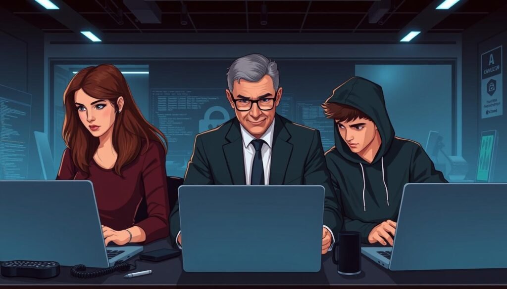 A digital illustration showcasing common hacker profiles in a modern, professional workspace. In the foreground, depict three figures representing diverse hacker archetypes: a young woman in smart casual attire, a middle-aged man in a business suit, and a teenager in a hoodie, all focused intently on their laptops. The middle layer features scattered high-tech gadgets, screens displaying code, and cybersecurity tools that hint at their motives and targets. The background presents a dimly lit room with soft blue LED lights casting an ambient glow, suggesting a secretive atmosphere. Use a slightly elevated angle to capture the intensity of their work. Ensure the overall mood conveys vigilance and seriousness, emphasizing the themes of crime, motives, and the challenges of digital security. A digital illustration showcasing common hacker profiles in a modern, professional workspace. In the foreground, depict three figures representing diverse hacker archetypes: a young woman in smart casual attire, a middle-aged man in a business suit, and a teenager in a hoodie, all focused intently on their laptops. The middle layer features scattered high-tech gadgets, screens displaying code, and cybersecurity tools that hint at their motives and targets. The background presents a dimly lit room with soft blue LED lights casting an ambient glow, suggesting a secretive atmosphere. Use a slightly elevated angle to capture the intensity of their work. Ensure the overall mood conveys vigilance and seriousness, emphasizing the themes of crime, motives, and the challenges of digital security.