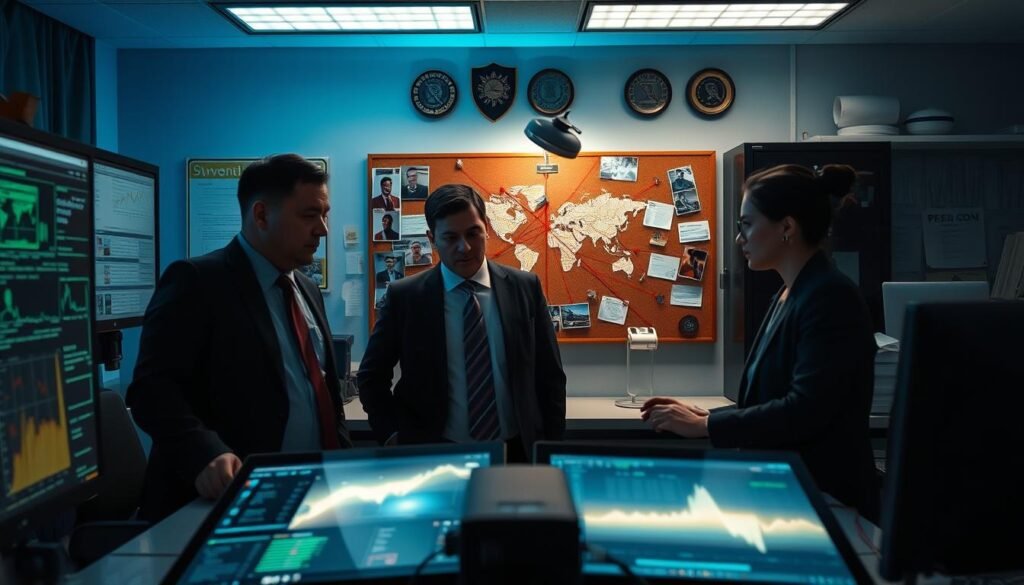 A dimly lit, high-tech cybersecurity lab in the foreground, where a diverse group of professional individuals in business attire—two men and one woman—analyze digital screens displaying various data analytics and evidence related to cybercrime. In the middle ground, a corkboard filled with photos, maps, and red string connecting various suspects and locations, emphasizing the complexity of investigations. The background shows a wall lined with awards and forensic tools neatly organized, under soft blue and green ambient lighting casting a serious, focused atmosphere. The camera angle should be slightly elevated, capturing the collaborative effort while maintaining a sense of urgency and importance in the fight against cybercrime.