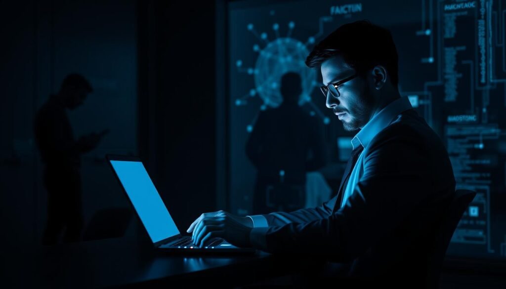 A dimly lit office space serves as the backdrop for the concept of social engineering in hacking. In the foreground, a focused individual in professional business attire, seated at a sleek modern desk, interacts with a glowing laptop, casting soft light onto their intent expression. Their face is illuminated by the blue glow of the screen, highlighting their concentration and stealth. In the middle ground, shadowy silhouettes of digital elements swirl around, representing data and information being manipulated. The background features abstract, glitch-like visuals with hints of code and network connections, creating a cyber atmosphere. The overall mood is tense and mysterious, conveying the intricacies and psychological tactics involved in hacking, focusing specifically on social engineering. Use a slightly angled perspective, capturing both the subject and the immersive digital environment.