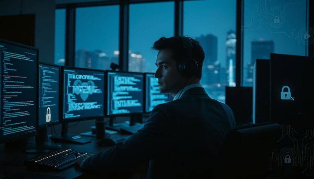 A dimly lit room filled with high-tech computer equipment, featuring multiple monitors displaying lines of code and cybersecurity data. In the foreground, a person in professional business attire sits at a desk, intensely focused on their work. They are wearing headphones and have a determined expression, with a subtle glow from the screens illuminating their face. Surrounding them are elements symbolizing the world of hacking, such as digital locks, circuit patterns, and abstract representations of data flows. In the background, a large window shows a nighttime cityscape, adding to the atmosphere of secrecy and urgency. The image conveys a sense of mystery and intrigue, emphasizing the duality of hackers as both villains and skilled problem solvers. Use a cinematic angle with soft focus on the background to highlight the subject.