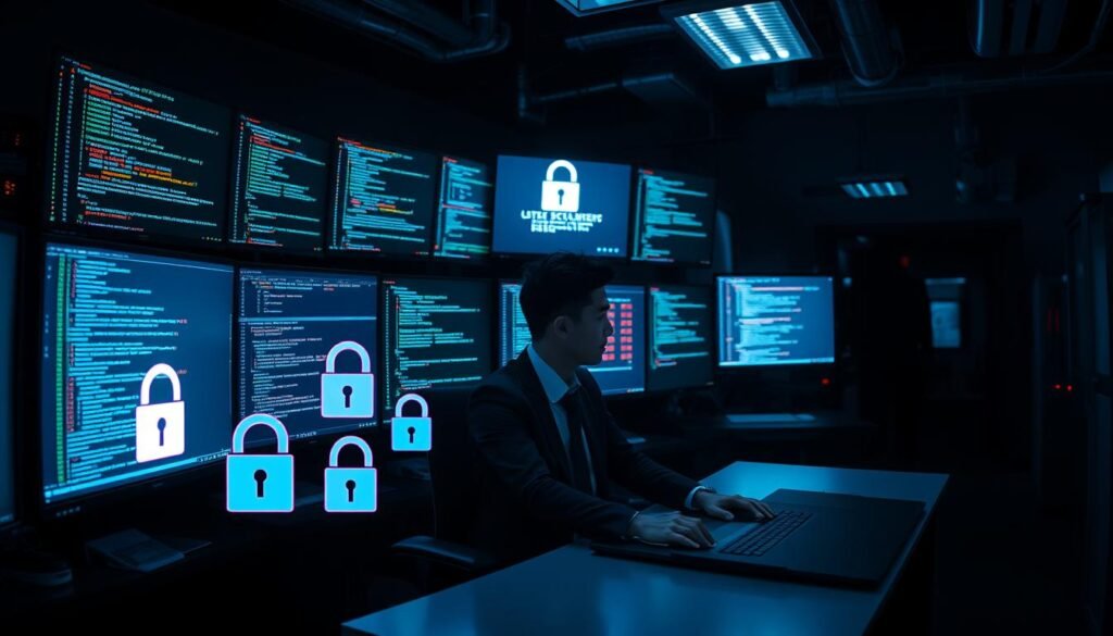 A dimly lit room filled with high-tech equipment and multiple computer screens displaying lines of code and cyber security alerts. In the foreground, a focused individual in professional business attire, seated at a sleek, modern desk, engages with the multiple monitors, highlighting the tension of hacking and computer access. The middle layer shows digitally rendered locks and firewalls, symbolizing security measures, juxtaposed against the glowing screens. In the background, a shadowy figure is faintly visible, representing the anonymity often associated with hacking. The atmosphere is tense and serious, emphasizing the illicit nature of hacking under federal law, with dramatic, low angle lighting to cast deep shadows and create a sense of urgency. A dimly lit room filled with high-tech equipment and multiple computer screens displaying lines of code and cyber security alerts. In the foreground, a focused individual in professional business attire, seated at a sleek, modern desk, engages with the multiple monitors, highlighting the tension of hacking and computer access. The middle layer shows digitally rendered locks and firewalls, symbolizing security measures, juxtaposed against the glowing screens. In the background, a shadowy figure is faintly visible, representing the anonymity often associated with hacking. The atmosphere is tense and serious, emphasizing the illicit nature of hacking under federal law, with dramatic, low angle lighting to cast deep shadows and create a sense of urgency.