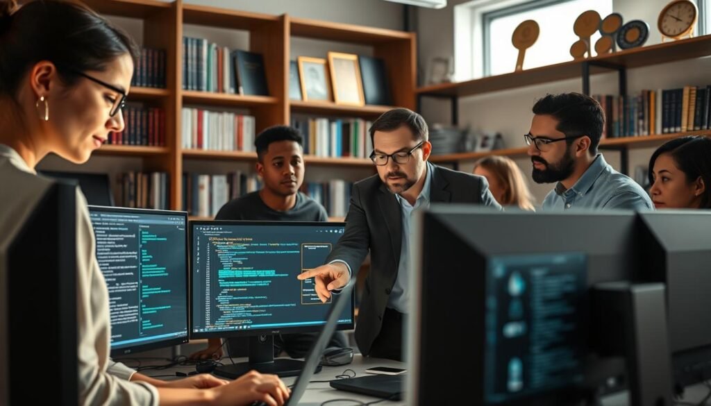 A diverse group of ethical hackers collaborates around a high-tech workspace filled with computer screens displaying lines of code and security analytics. In the foreground, a woman in smart casual attire focuses on her laptop, her face illuminated by the soft glow of the screen, while a man in professional clothing points at a screen behind her, discussing strategies. In the middle, several monitors show visualizations of network activity and data flow, creating an engaging and dynamic atmosphere. The background includes shelves filled with cybersecurity books and industry awards, conveying a sense of expertise and professionalism. The room is well-lit with natural light streaming in from a window, creating a positive and motivating ambiance that reflects teamwork and innovation in cybersecurity.