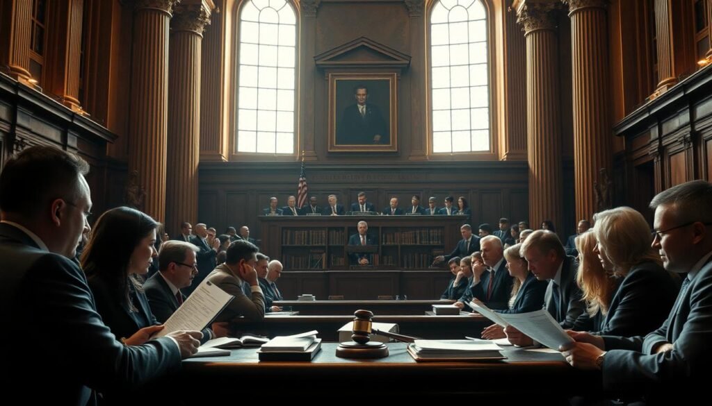 A dramatic courtroom scene depicting a landmark legal case related to hacking. In the foreground, a focused diverse group of lawyers, dressed in professional attire, passionately discussing case files, with visible laptops and legal documents scattered around. The middle layer features a judge's bench with a gavel, and an intense jury observing closely. The background is filled with grand but somber architectural elements of a historic courthouse, with tall columns and large windows allowing natural light to illuminate the room. The lighting is warm and dramatic, creating a serious atmosphere that highlights the tension and importance of the legal proceedings. Capture the scene from a slightly low angle, emphasizing the grandeur and weight of justice, while ensuring all characters maintain a respectful demeanor.