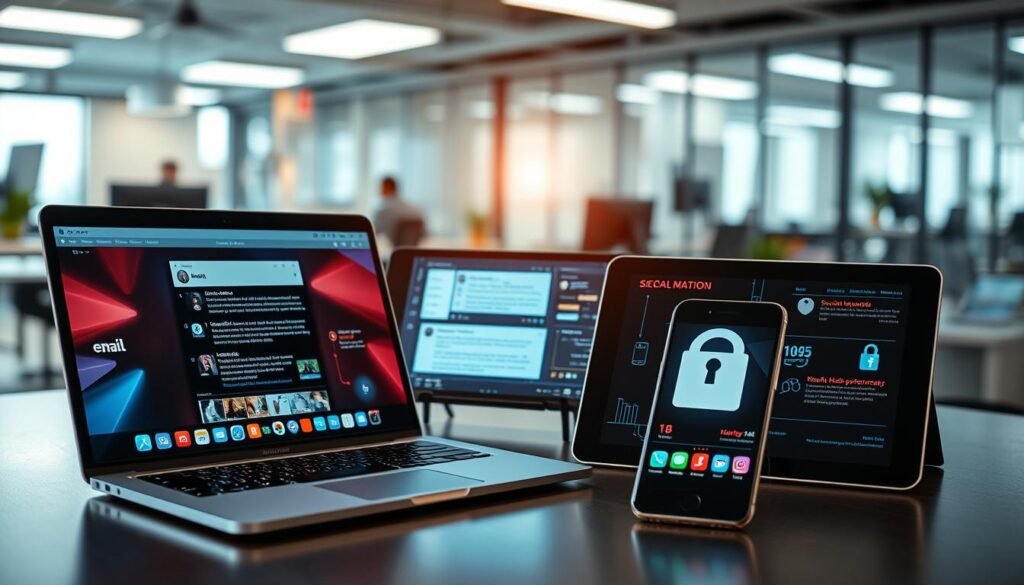 A dynamic, high-tech office environment featuring various social media devices and email interfaces. In the foreground, include a sleek laptop displaying a vibrant email interface, alongside a smartphone showing popular social media apps. In the middle, add a tablet with a digital graphics overlay showcasing security alerts and hacking attempts. The background features a blurred view of a modern office with ambient lighting and glass partitions, giving a sense of urgency and focus. Use dramatic lighting with highlights on the devices, casting soft shadows to enhance depth. The overall mood should be tense yet professional, emphasizing the importance of cybersecurity in a digital workspace. A dynamic, high-tech office environment featuring various social media devices and email interfaces. In the foreground, include a sleek laptop displaying a vibrant email interface, alongside a smartphone showing popular social media apps. In the middle, add a tablet with a digital graphics overlay showcasing security alerts and hacking attempts. The background features a blurred view of a modern office with ambient lighting and glass partitions, giving a sense of urgency and focus. Use dramatic lighting with highlights on the devices, casting soft shadows to enhance depth. The overall mood should be tense yet professional, emphasizing the importance of cybersecurity in a digital workspace.