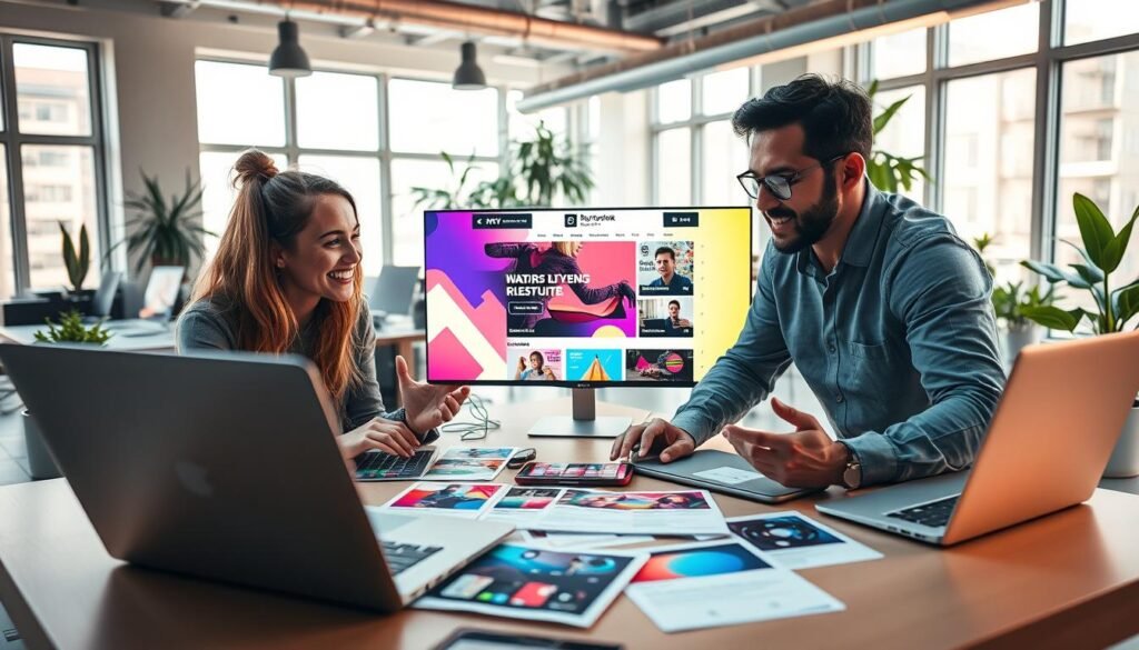 A dynamic workspace scene showcasing a diverse team of professionals, including a Caucasian woman and an Asian man, collaborating around a modern desk filled with laptops and digital devices. The foreground features their focused expressions as they enthusiastically discuss design elements on a large screen displaying a vibrant website template. In the middle, colorful digital mockups and design templates are scattered across the table, highlighting user-friendly layouts. The background reveals a bright, airy office space with large windows, greenery, and contemporary design aesthetics. Soft, warm lighting enhances a productive atmosphere, while a low-angle view emphasizes teamwork and creativity, evoking a sense of motion and innovation in no-code web design.