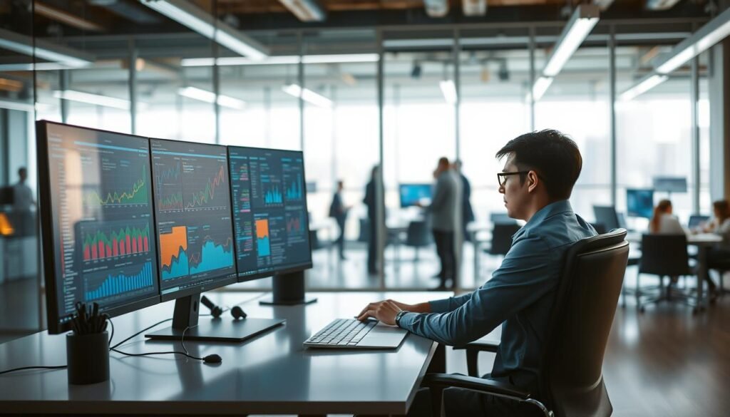 A focused data analyst working at a sleek desk in a modern office environment. In the foreground, a young professional in business casual attire, intently analyzing colorful charts and graphs on dual computer monitors, with data visualizations displayed vividly on the screens. The middle ground features a glass wall revealing a bright, collaborative workspace filled with colleagues discussing data strategies, creating a sense of teamwork. The background shows large windows, allowing natural light to flood the room, enhancing the fresh and innovative atmosphere. Soft, warm lighting and a depth-of-field effect create a professional yet approachable mood. The overall image should evoke a sense of opportunity and growth in the data analytics field for non-programmers.