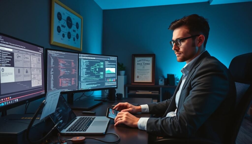 A focused ethical hacker seated at a modern workstation, intensely inspecting computer code on multiple screens filled with complex data and diagrams. The foreground features a sleek laptop, a digital tablet displaying security metrics, and high-tech tools such as network cables and a magnifying glass. In the middle ground, a wall-mounted screen illustrates a cybersecurity flowchart, while a framed certificate of a bug bounty program hangs nearby, signifying professional accomplishments. The background reveals a dimly lit room with soft blue lighting, creating a serious yet inviting atmosphere. The hacker, dressed in professional business attire, reflects concentration and determination, embodying the spirit of ethical hacking and security research. The composition is captured at an eye-level angle, emphasizing the focus on the hacker's work.