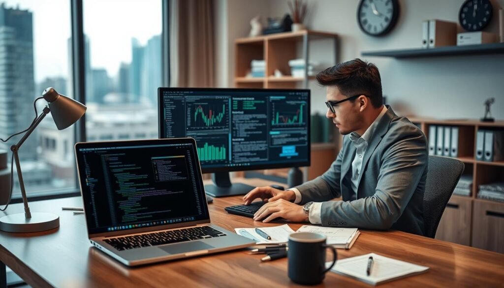 A focused, professional penetration testing scene in a modern office environment. In the foreground, a cyber security expert in smart casual attire sits at a sleek, wooden desk, intently analyzing data on dual monitors filled with security graphs and code. The middle ground features various tools of the trade: a laptop displaying network diagrams, a notepad with handwritten notes, and a coffee cup, adding a touch of realism. The background reveals shelves lined with security manuals and a digital clock on the wall. Soft, cool lighting emits from a desk lamp, creating a concentrated atmosphere, while a blurred city skyline can be seen through a window, hinting at a busy tech hub outside. The mood is serious, reflecting diligence in safeguarding digital assets. A focused, professional penetration testing scene in a modern office environment. In the foreground, a cyber security expert in smart casual attire sits at a sleek, wooden desk, intently analyzing data on dual monitors filled with security graphs and code. The middle ground features various tools of the trade: a laptop displaying network diagrams, a notepad with handwritten notes, and a coffee cup, adding a touch of realism. The background reveals shelves lined with security manuals and a digital clock on the wall. Soft, cool lighting emits from a desk lamp, creating a concentrated atmosphere, while a blurred city skyline can be seen through a window, hinting at a busy tech hub outside. The mood is serious, reflecting diligence in safeguarding digital assets.