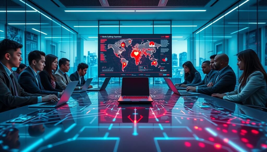 A focused scene illustrating the concept of a security program for ethical hacking. In the foreground, a diverse group of cybersecurity professionals, dressed in business casual attire, are gathered around a sleek, modern conference table filled with laptops and digital devices displaying cybersecurity metrics. The middle ground features a large screen showing a network map with vulnerabilities highlighted in red. In the background, a futuristic office space with glass walls, ambient blue lighting, and digital security posters create a high-tech atmosphere. The overall mood is collaborative and intense, reflecting the seriousness of protecting digital assets. A dramatic low-angle shot emphasizes the professionals engaged in discussion, with a soft focus on the city skyline visible through the glass behind them. A focused scene illustrating the concept of a security program for ethical hacking. In the foreground, a diverse group of cybersecurity professionals, dressed in business casual attire, are gathered around a sleek, modern conference table filled with laptops and digital devices displaying cybersecurity metrics. The middle ground features a large screen showing a network map with vulnerabilities highlighted in red. In the background, a futuristic office space with glass walls, ambient blue lighting, and digital security posters create a high-tech atmosphere. The overall mood is collaborative and intense, reflecting the seriousness of protecting digital assets. A dramatic low-angle shot emphasizes the professionals engaged in discussion, with a soft focus on the city skyline visible through the glass behind them.