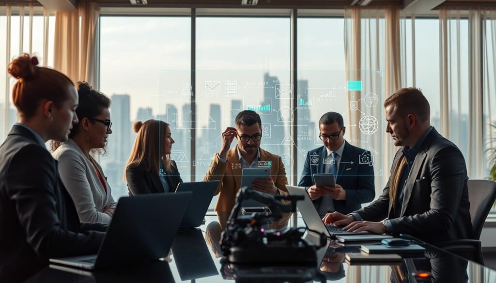 A futuristic office scene illustrating "AI-Augmented Micro SaaS Opportunities." In the foreground, a diverse group of professionals in business attire collaboratively engages with sleek laptops, holographic displays showcasing data analytics and micro SaaS applications. In the middle, a transparent glass whiteboard displays complex algorithms and software workflows, with vivid colors emphasizing innovative ideas. The background features a modern city skyline visible through wide windows, bathed in natural light filtering through sheer curtains. The atmosphere is vibrant and energized, suggesting creativity and technological advancement. Use a shallow depth of field to focus on the professionals and their engaging activities, creating a sense of innovation and collaboration in a high-tech environment.