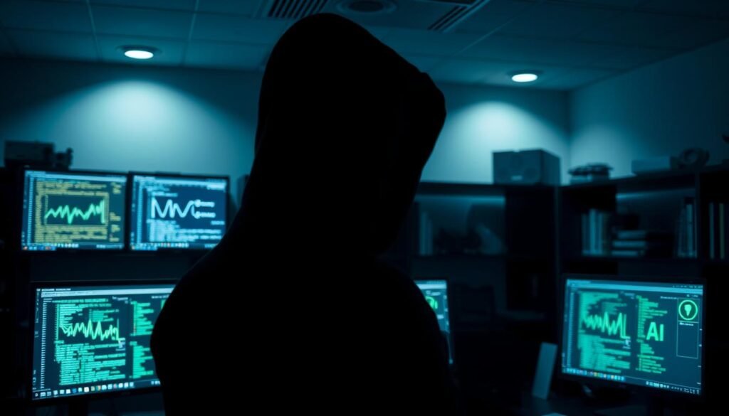A hacker in a modern, dimly-lit room, focused on multiple computer screens displaying complex code and AI algorithms. The foreground features a silhouette of the hacker, donned in a hoodie and professional attire, with light illuminating their face from the screen glow. In the middle ground, the screens showcase graphs, neural networks, and digital security icons representing AI in cybersecurity. The background includes shadowy shelves filled with technology gadgets and books on AI and hacking techniques. The atmosphere is tense and mysterious, with a color palette of deep blues and greens, creating a sleek, tech-savvy environment. Soft overhead lighting enhances the mood, while slight lens distortion adds depth to the room.