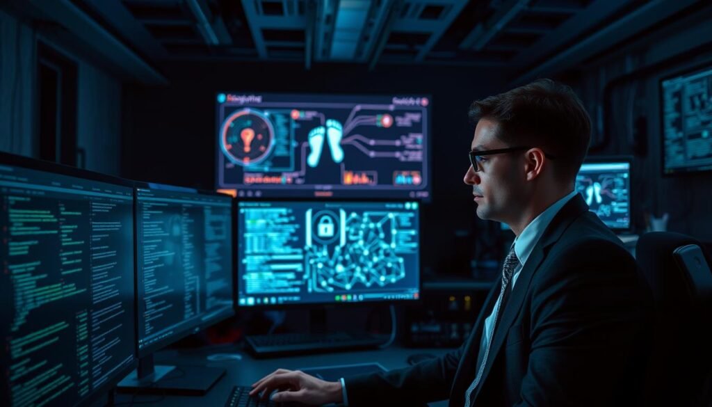 A high-tech forensic laboratory setting where cybersecurity analysts are engaged in identifying hackers. In the foreground, a focused analyst in professional business attire examines complex data patterns on multiple computer screens, showcasing code and digital footprints. In the middle, a large monitor displays a visual representation of anonymity tools being analyzed, with abstract data flows and network connections illustrated. The background features dark, ambient lighting with futuristic equipment, creating a sense of urgency and concentration. Soft blue and green hues enhance the scientific atmosphere, while the lighting casts dynamic shadows across the room, emphasizing the importance of detective work in the digital realm.