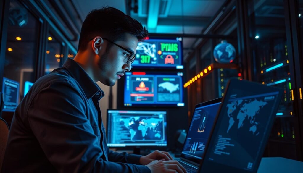 A high-tech, professional environment showcasing common hacking methods that compromise networks. In the foreground, a cybersecurity analyst dressed in smart casual attire is focused on a laptop displaying lines of code and digital maps, representing network vulnerabilities. The middle layer features screens showing cyber attack simulations, with graphics illustrating phishing, malware, and DDoS attacks, all set in a modern office filled with subtle tech paraphernalia. The background is a softly illuminated server room with blinking lights and cables, conveying a sense of urgency and vigilance. The overall atmosphere is tense yet dynamic, with cool blue and green lighting enhancing the serious mood. The angle captures peering into the analyst’s workstation, emphasizing the importance of cybersecurity in contemporary networks.