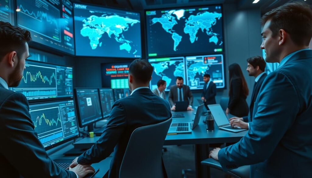 A high-tech security operations center, showcasing a diverse group of professionals dressed in smart business attire. The foreground features a focused cybersecurity analyst working intently at a multi-screen setup displaying complex graphs and data patterns. In the middle, a strategic team discussion is taking place around a sleek table filled with digital devices and laptops. The background is illuminated by blue and green LED lights, with large digital displays showing maps and threat alerts, creating a sense of urgency and vigilance. The overall atmosphere conveys a dynamic and serious approach to cybersecurity, emphasizing the importance of protecting against common targets and vulnerabilities. Use a wide-angle lens to capture the details and the depth of the environment, with soft, focused lighting highlighting the professionals' concentration.