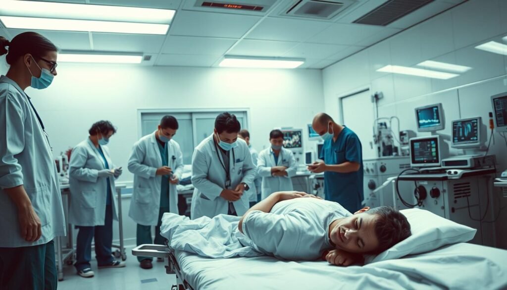 A medical resuscitation scene set in a hospital emergency room, featuring a diverse team of healthcare professionals in scrubs and lab coats working diligently. In the foreground, a doctor is performing CPR on a patient lying on a stretcher, while a nurse prepares a defibrillator, illuminated by cool overhead fluorescent lights. The middle ground captures the chaotic yet focused atmosphere of the ER, with additional team members managing breathing tubes and monitoring life support machines. The background shows medical equipment and monitors displaying vital signs, framed by sterile white walls. The overall mood is intense and urgent, highlighting the critical nature of the resuscitation process, captured from a slightly angled perspective to enhance drama and realism. The lighting is stark but focused, creating a sense of urgency and professionalism.