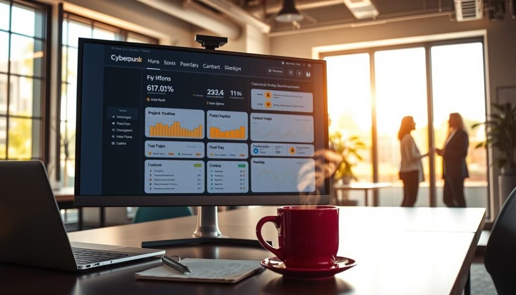 A modern client portal interface displayed on a sleek, high-resolution monitor in a bright office environment. In the foreground, a thoughtfully organized workspace with a laptop, notepad, and a steaming cup of coffee, showcasing a professional atmosphere. The middle layer features the monitor displaying a vibrant dashboard with graphs, project timelines, and task lists, symbolizing workflows. In the background, a diverse team of three professionals in business attire collaboratively discussing ideas, their expressions focused and engaged. Natural light filters through large windows, creating a warm ambiance. The scene captures a productive, innovative environment, ideal for freelancers and teams navigating micro SaaS projects, embracing the essence of collaboration and efficiency.