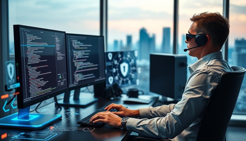 A modern digital workspace showcasing ethical hacking techniques. In the foreground, a focused professional wearing smart casual attire sits at a sleek workstation, engaged with multiple monitors displaying lines of code, security logs, and visual representations of network defenses. The middle ground features an array of digital tools, such as firewalls and intrusion detection systems, creatively represented as glowing interfaces and holographic displays. The background subtly illustrates a city skyline through a large window, symbolizing the broader impact of cybersecurity. Soft, ambient lighting bathes the scene, creating a focused yet inviting atmosphere. The composition captures a sense of purpose and technological sophistication, emphasizing the importance of ethical hacking in defending digital landscapes. The camera angle is slightly angled to convey depth and engagement with the subject matter.