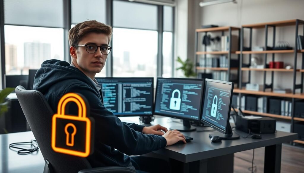 A modern office environment featuring a professional ethical hacker, a young adult wearing smart casual clothing, seated at a sleek desk filled with dual computer monitors displaying lines of code and digital security graphics. In the foreground, a digital lock symbol glows gently, symbolizing cybersecurity. The middle ground showcases a large window with cityscape views, casting natural light into the space. In the background, shelves filled with tech books and security gadgets add depth. The lighting is bright yet soft, creating a productive atmosphere, while the overall mood conveys a sense of intrigue and professionalism surrounding the topic of ethical hacking. The angle is slightly tilted to emphasize the hacker's focused expression and the technologies used. A modern office environment featuring a professional ethical hacker, a young adult wearing smart casual clothing, seated at a sleek desk filled with dual computer monitors displaying lines of code and digital security graphics. In the foreground, a digital lock symbol glows gently, symbolizing cybersecurity. The middle ground showcases a large window with cityscape views, casting natural light into the space. In the background, shelves filled with tech books and security gadgets add depth. The lighting is bright yet soft, creating a productive atmosphere, while the overall mood conveys a sense of intrigue and professionalism surrounding the topic of ethical hacking. The angle is slightly tilted to emphasize the hacker's focused expression and the technologies used.