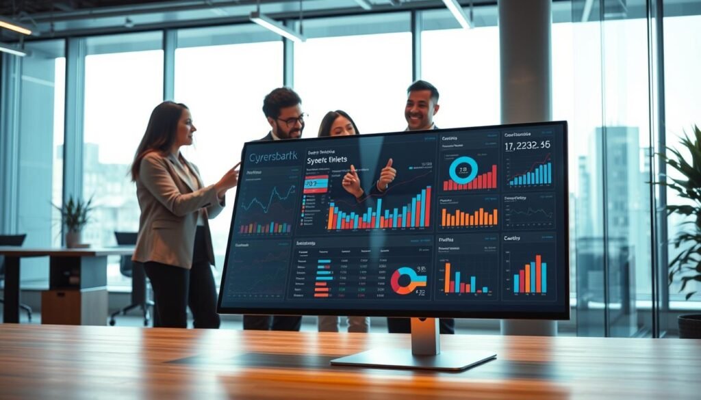A modern office scene showcasing a sleek, interactive no-code dashboard on a large digital display, prominently featured in the foreground. The dashboard is filled with colorful, dynamic charts, graphs, and data visualizations that illustrate user engagement and performance metrics. In the middle ground, a diverse team of professionals in business attire is collaborating enthusiastically, pointing at the screen and discussing insights. The background features a well-lit, contemporary workspace with large windows allowing natural light to seep in, enhancing the atmosphere of productivity and innovation. The camera angle is slightly low, emphasizing the dashboard's importance while capturing the team’s engagement, with soft light reflecting off glass surfaces to create a bright, inviting mood.