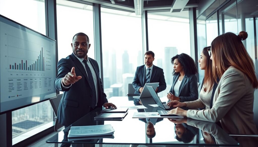 A modern office setting focused on U.S. business security, featuring a diverse group of professionals discussing cybersecurity measures in a conference room. In the foreground, a middle-aged Black man in a suit is pointing at a chart on a screen while a young Hispanic woman takes notes on a laptop. The middle ground includes a glass conference table with a few documents and a digital tablet displaying security software. The background shows large windows with a city skyline view, bright natural light flooding the room, emphasizing a productive atmosphere. Use a wide-angle perspective to capture the dynamics of teamwork and engagement, creating a mood of collaboration and vigilance.