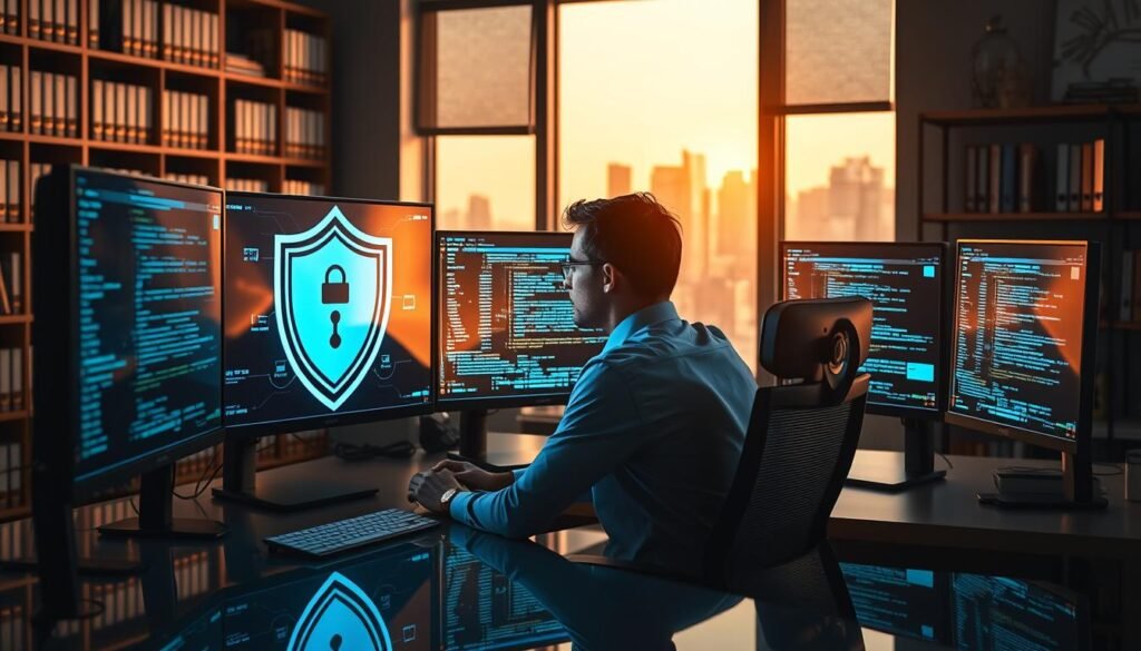 A modern office setting focused on cybersecurity, with a professional security analyst in business attire sitting at a high-tech computer, analyzing data on multiple screens displaying code and security alerts. In the foreground, a large digital display illustrates a shield symbolizing protection against cyber threats. The middle ground features the analyst intently working, with realistic reflections on the screens. In the background, shelves filled with cybersecurity books and a window showing a cityscape, bathed in warm, natural light creating a sense of calm and focus. The atmosphere conveys diligence and vigilance, highlighting the importance of proactive strategies in reducing cyber risk. A modern office setting focused on cybersecurity, with a professional security analyst in business attire sitting at a high-tech computer, analyzing data on multiple screens displaying code and security alerts. In the foreground, a large digital display illustrates a shield symbolizing protection against cyber threats. The middle ground features the analyst intently working, with realistic reflections on the screens. In the background, shelves filled with cybersecurity books and a window showing a cityscape, bathed in warm, natural light creating a sense of calm and focus. The atmosphere conveys diligence and vigilance, highlighting the importance of proactive strategies in reducing cyber risk.