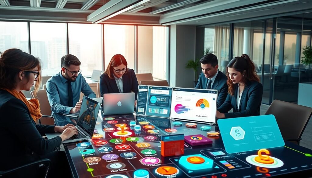 A modern workspace featuring a diverse team collaborating around a digital table filled with vibrant icons representing various NFT creation tools. In the foreground, individuals in professional business attire engage with their laptops, analyzing colorful charts and graphs illuminating the benefits of using the no-code platform. The middle ground shows digital displays showcasing user-friendly interfaces and seamless workflow diagrams. The background features a sleek, contemporary office environment with soft natural light cascading through large windows, creating a bright and inviting atmosphere. The overall mood is one of innovation and teamwork, emphasizing efficiency and cost-saving solutions in the NFT generation process.