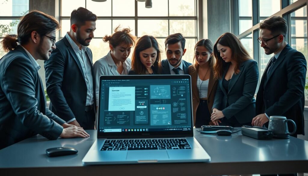 A professional workspace set up with a sleek laptop displaying an advanced app development interface using Flutterflow. In the foreground, a diverse group of individuals, dressed in smart casual business attire, collaborates over the laptop, analyzing the app's logic and flowcharts. The middle ground features digital screens showcasing dynamic data visualizations and coding elements symbolizing advanced features. In the background, large windows let in soft, natural light, creating an inspiring atmosphere filled with creativity and innovation. The room is stylishly decorated with modern furniture and tech gadgets, emphasizing a productive environment. The scene captures a sense of teamwork and forward-thinking, with bright colors and a polished aesthetic, evoking a mood of excitement and ambition in no-code app development.
