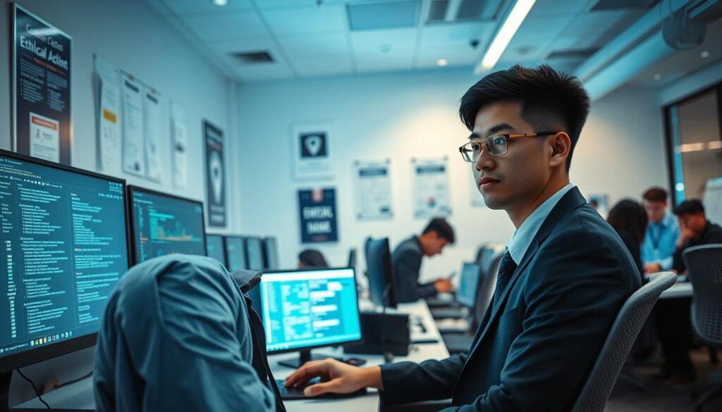 A secure and modern office environment, illuminated by soft blue lighting to create a tech-savvy atmosphere. In the foreground, a focused ethical hacker, a young adult of Asian descent, wearing professional business attire, is seated at a sleek desk covered with multiple computer monitors displaying code and security analytics. The middle features a wall adorned with cybersecurity certifications and posters that emphasize ethical practices. In the background, blurred silhouettes of colleagues collaborate over data on digital devices. The scene conveys a sense of concentration and professionalism, highlighting the complexity and importance of ethical hacking in today’s digital landscape. The angle is slightly high, providing a clear view of both the hacker’s intense focus and the vibrant tech workspace around them.