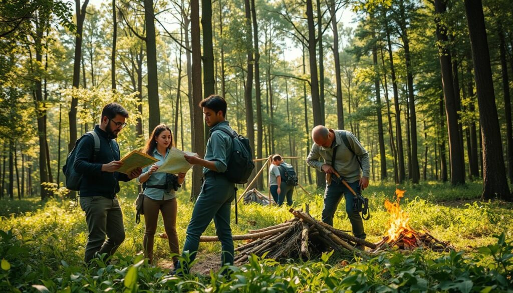 A serene yet intense survival scene in a lush green forest, depicting a diverse group of four professionals in modest casual clothing collaborating under challenging circumstances. In the foreground, two individuals are examining a map, while another person is gathering wood for a fire. In the middle ground, the last team member is setting up a makeshift shelter, showcasing their resourcefulness. Bright, diffused sunlight filters through the tall trees, casting dappled shadows across the scene and creating an atmosphere of hope and determination. The colors are vibrant, evoking a sense of urgency and resilience in the face of adversity. Capture this moment from a slightly elevated angle to emphasize teamwork and the struggle for survival amidst nature.