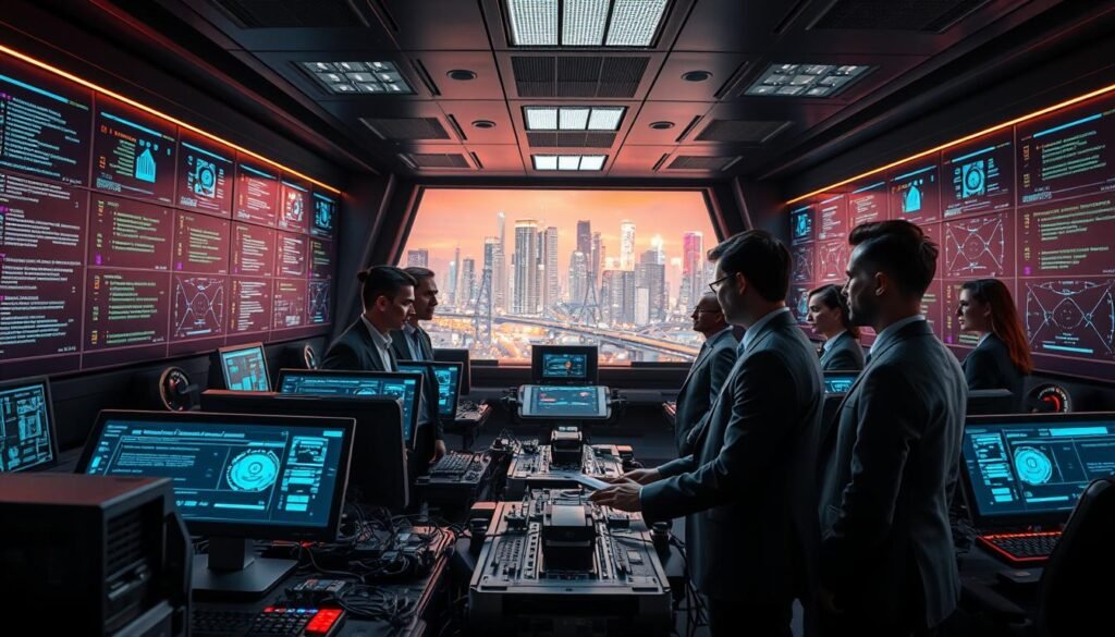 A sleek, futuristic command center featuring advanced agentic AI systems, prominently displaying holographic interfaces analyzing cyber threats. In the foreground, a diverse team of cybersecurity experts in professional attire collaborates, surrounded by glowing screens filled with code and data visualizations. The middle ground includes intricate machinery with circuits and digital elements, while the background presents a high-tech city skyline illuminated by the soft glow of neon lights. The atmosphere is tense yet focused, with dramatic lighting highlighting the intense concentration of the team. Capture the scene with a wide-angle lens to emphasize the sophistication of the technology and the strategic nature of their work, evoking a sense of urgency in the fight against cyber attacks.