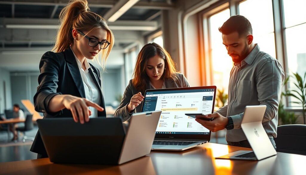 A sleek, modern workspace featuring a diverse group of professionals collaborating around a digital interface displaying a no-code API builder. In the foreground, a woman in smart casual attire points at a laptop screen, showcasing an intuitive drag-and-drop API design tool. The middle ground includes a man adjusting the settings on his tablet, engaged with the project. The background is an open office with high windows letting in warm, natural light, casting soft shadows. The atmosphere is dynamic and inspiring, emphasizing teamwork and innovation. Use bright colors and clean lines to convey a sense of simplicity and efficiency in API creation. No text or logos in the image.