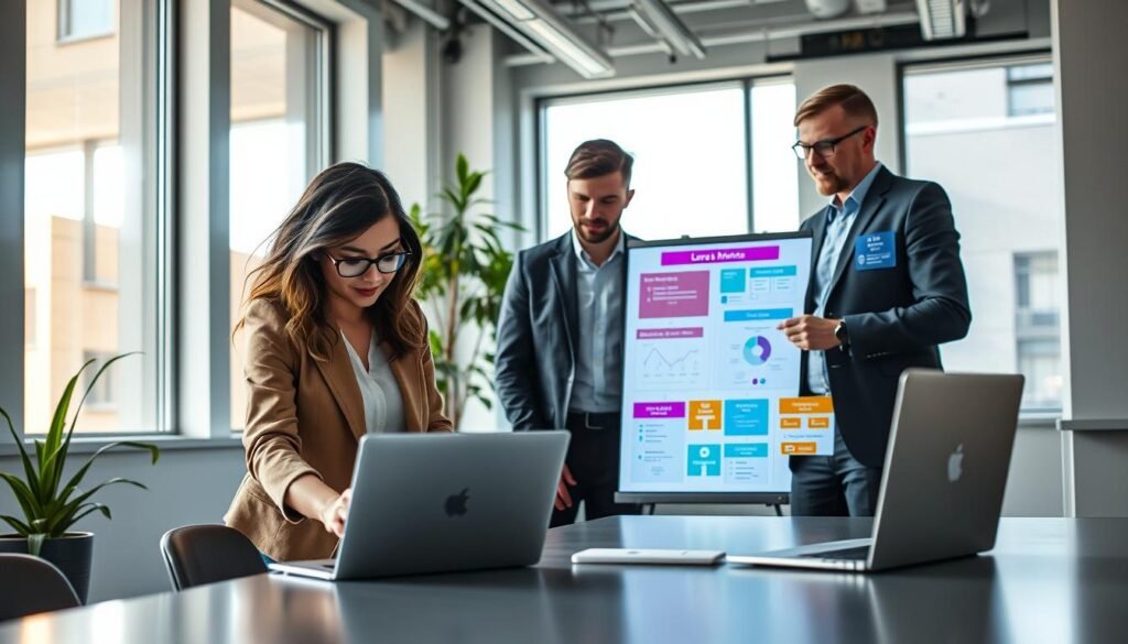 A sleek modern workspace featuring a diverse group of professionals collaborating on no-code platforms. In the foreground, a woman in a smart casual outfit is demonstrating a user-friendly interface on a laptop, while a man in business attire observes intently. In the middle, colorful infographics representing no-code tools and app development flow charts are displayed on a digital whiteboard. The background shows large windows with bright natural light pouring in, creating an inviting atmosphere. A potted plant adds a touch of greenery, enhancing the space's modern aesthetic. The scene is captured from a slightly elevated angle, conveying a sense of innovation and teamwork, while maintaining a clean, professional look. The overall mood is energetic and focused, embodying the spirit of collaboration in tech.
