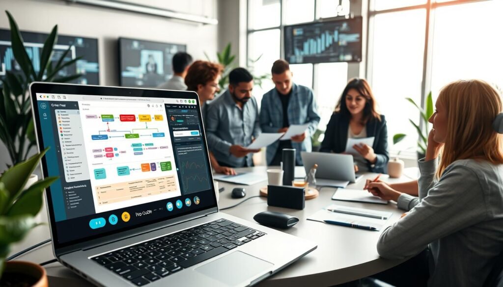 A sleek, modern workspace featuring a diverse team of professionals collaborating around a round table. In the foreground, a laptop with an open interface of a no-code API builder, displaying colorful flowcharts and integration options. In the middle, team members are engaged in discussion, with notes and technical documentation spread out, showcasing their focus on developing automation solutions. The background features large windows with soft, natural light flooding the room, creating a bright and inspiring atmosphere. The decor is minimalistic and tech-inspired, with plants and digital screens displaying relevant data. The scene conveys a sense of innovation and teamwork, emphasizing the accessibility and efficiency of open-source API development. The composition is shot from an angle that captures the teamwork and tools effectively, evoking a mood of creativity and collaboration.