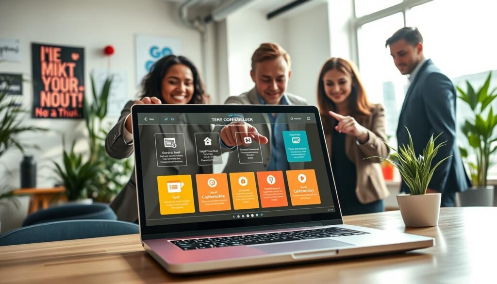 A vibrant and engaging workspace focused on the theme of a no-code free website builder, featuring a sleek laptop open to a colorful website design interface. In the foreground, a diverse group of three professionals in smart casual attire collaborates, pointing at the screen with enthusiasm. The middle layer showcases a digital display of step-by-step icons illustrating the process of building a website, such as design, customization, and publishing. In the background, a bright and modern office environment filled with plants and motivational posters creates an inspiring atmosphere. Soft, natural lighting streams in from a large window, casting gentle shadows and highlighting the team’s focused expressions. The overall mood is creative, collaborative, and empowering, perfect for showcasing the ease of going live with a website using no code.