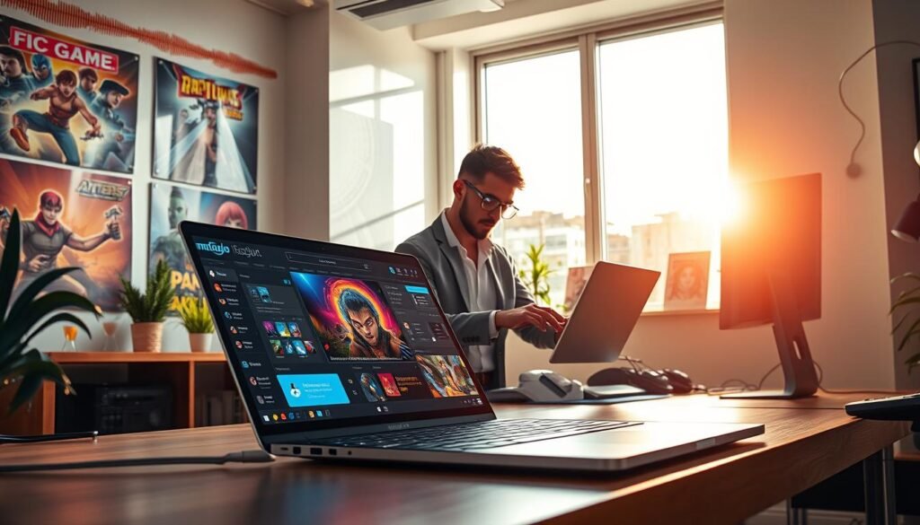 A vibrant and modern workspace showcasing the concept of "microStudio web export." In the foreground, a sleek laptop displays an engaging game creation interface with colorful graphics and intuitive tools, suggesting a no-code environment. In the middle ground, a creative individual in smart casual attire, focused and inspired, is interacting with the laptop. Surrounding them are dynamic posters featuring game art and character designs. The bright room is filled with natural light streaming through a large window, creating a warm and inviting atmosphere. In the background, abstract design elements suggest AI integration, with abstract lines and patterns subtly representing digital creativity and technology. The overall mood is innovative and energetic, reflecting the excitement of game creation.