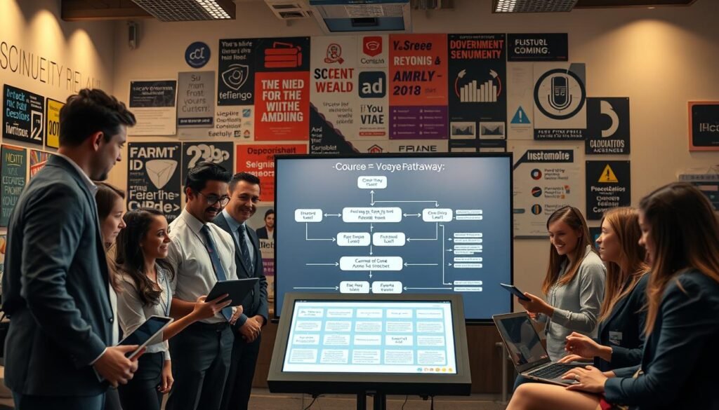A visually engaging representation of a "course pathways from beginner to production" in no-code development, specifically focusing on Flutterflow. In the foreground, a diverse group of enthusiastic learners, dressed in professional business attire, is gathered around a large digital display showing a flowchart of the learning journey. In the middle ground, a vibrant classroom environment with modern tech equipment, including laptops and tablets, emphasizes collaboration and progressive learning. The background features a wall filled with motivational posters about innovation and technology. Soft, warm lighting creates an inviting atmosphere, with a slight lens blur on the background to focus attention on the learners and the flowchart. The overall mood is inspiring and futuristic, showcasing a clear pathway towards mastery in no-code development.