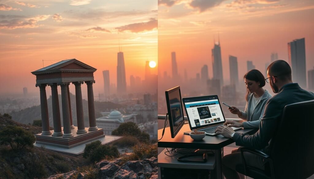 A visually engaging scene depicting a split landscape representing "Foundations: How WordPress and no-code platforms work." In the foreground, artistic representations of WordPress as a classic brick-and-mortar building with sturdy pillars, symbolizing structured coding, and a no-code platform as a modern, sleek digital interface with visual elements like drag-and-drop features. The middle ground showcases users engaged in creating website designs, one in professional attire confidently typing at a computer, and another person casually using a tablet, both appearing focused and enthusiastic. The background features a futuristic city skyline bathed in soft, warm lighting during a sunset, conveying an atmosphere of innovation and collaboration. Use a wide-angle lens to capture the expansive scene with a slight depth of field, highlighting the contrast between traditional and modern approaches in web development.