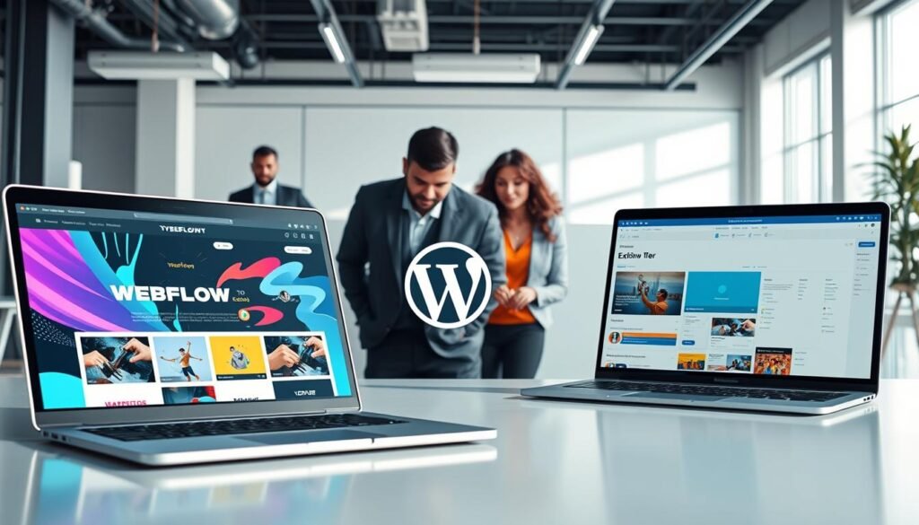 A visually striking comparison of Webflow, WordPress, and Elementor, showcasing their unique features in an engaging, illustrative manner. In the foreground, depict a sleek laptop screen displaying the Webflow interface with vibrant design elements, beside it, a WordPress dashboard with customizable themes, and on the other side, an Elementor editing interface filled with drag-and-drop widgets. In the middle ground, include diverse professionals of varying ethnicities dressed in business attire, focused and collaborating around the laptop. The background should feature a modern workspace with bright, well-lit conditions, using soft natural light to create an inviting atmosphere. The overall composition should balance technical detail with a creative, dynamic feel, emphasizing innovation in web design without any text or branding.
