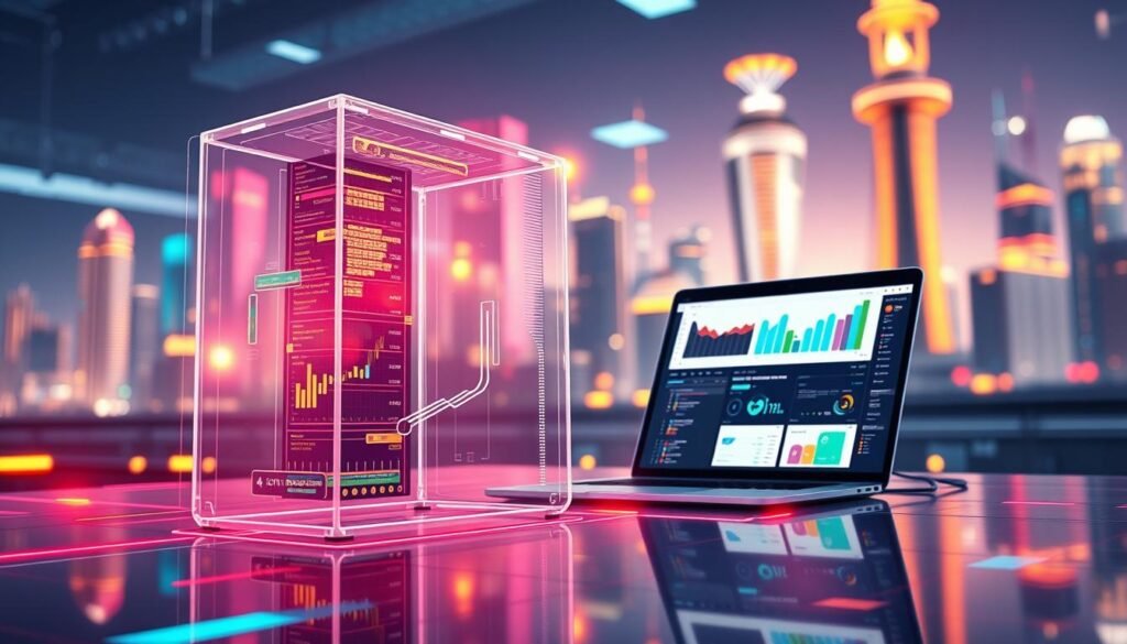 A visually striking illustration of a modern no-code database environment, featuring a sleek, transparent database structure prominently in the foreground, surrounded by colorful data visualization elements like charts and graphs. In the middle ground, include a digital workspace with a stylish laptop displaying snippets of Airtable’s interface, effectively showcasing simplicity and accessibility. The background should reveal an abstract, tech-inspired cityscape with soft-focus skyscrapers glimmering under warm lighting, conveying innovation and advancement. Use a shallow depth of field to emphasize the foreground elements while gently blurring the background. The overall atmosphere should evoke a sense of creativity, productivity, and the empowerment of building digital solutions without coding expertise.