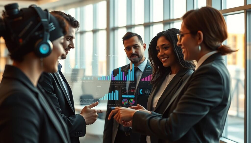 A visually striking scene depicting natural language analytics in a modern office environment. In the foreground, a diverse group of professionals in business attire interact with a sleek, high-tech dashboard displaying dynamic data visualizations and AI insights. Their faces reflect curiosity and engagement. In the middle, the dashboard's interface showcases graphical representations of data flowing easily from natural language queries, with elements like charts and graphs symbolizing fast insights. The background features a contemporary office design, with large windows allowing natural light to flood in, creating a bright and inspirational atmosphere. Soft, warm lighting enhances the overall professional mood, inviting viewers into a world where technology and analytics meet. The perspective should be slightly angled, giving depth to the composition while maintaining focus on the interaction with the dashboard.