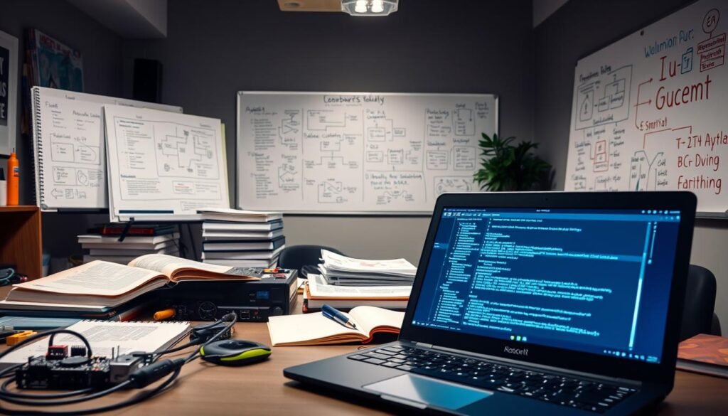 A well-organized workspace featuring a variety of programming tools and skills. In the foreground, an open laptop displaying programming code, surrounded by a selection of high-tech gadgets such as a Raspberry Pi and a soldering iron. In the middle ground, neatly arranged textbooks and digital devices, showcasing programming languages like Python and JavaScript. The background features a large whiteboard filled with flowcharts and diagrams illustrating coding concepts. The lighting is bright and focused, creating an atmosphere of productivity and innovation. The scene captures a sense of collaboration and learning, with a clean, modern design aesthetic.